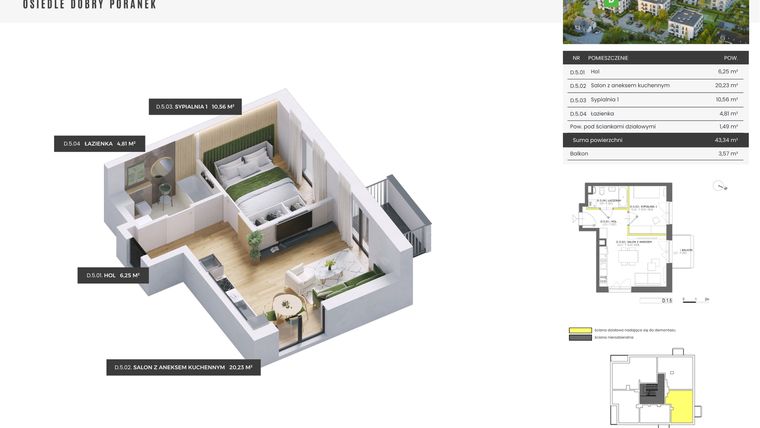 Rzut - Mieszkanie na sprzedaż 2 pokoje o powierzchni 43,34 m² - numer D.1.5 w Dobry Poranek