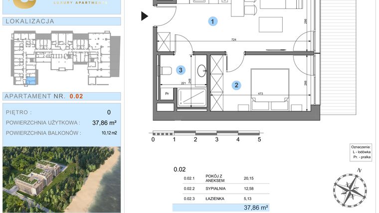 Rzut - Mieszkanie na sprzedaż 1 pokój o powierzchni 37,86 m² - numer 0.2 w Ustronie Luxury Apartments