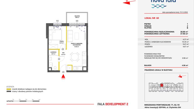 Rzut - Mieszkanie na sprzedaż 2 pokoje o powierzchni 38,88 m² - numer 60 w Miasteczko Nova Fala