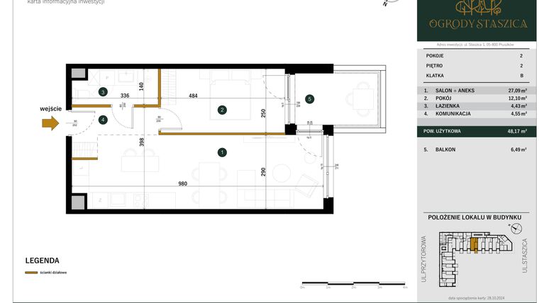 Rzut - Mieszkanie na sprzedaż 2 pokoje o powierzchni 48,17 m² - numer B.55 w Ogrody Staszica