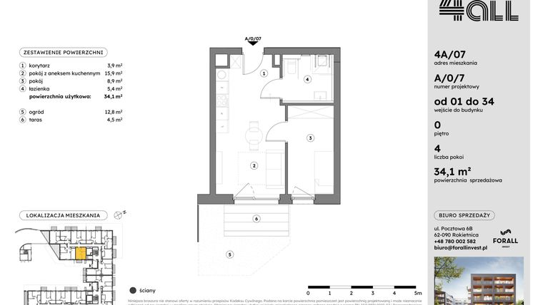 Rzut - Mieszkanie na sprzedaż 2 pokoje o powierzchni 34,09 m² - numer A/0/7 w Osiedle Mateckiego 4ALL