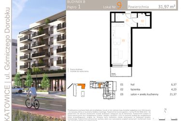 Rzut - Mieszkanie na sprzedaż 1 pokój o powierzchni 31,97 m² - numer B_9 w Zielony Nikiszowiec