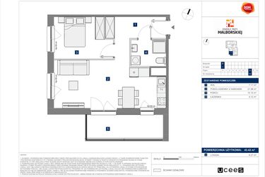 Rzut - Mieszkanie na sprzedaż 2 pokoje o powierzchni 43,42 m² - numer B.54 w Osiedle przy Malborskiej II