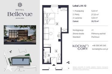 Rzut - Mieszkanie na sprzedaż 1 pokój o powierzchni 35,75 m² - numer 12 w Hotel Bellevue