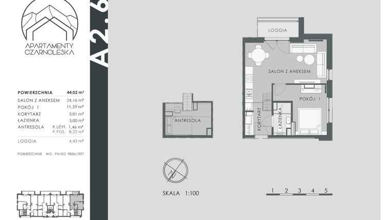 Rzut - Mieszkanie na sprzedaż 2 pokoje o powierzchni 44,02 m² - numer A2.6 w Apartamenty Czarnoleska