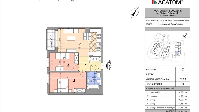 Rzut - Mieszkanie na sprzedaż 3 pokoje o powierzchni 62,75 m² - numer C19 w Daszyńskiego Park