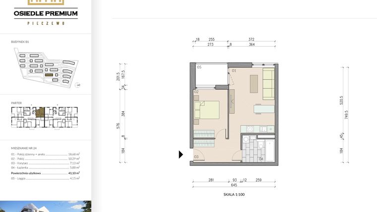Rzut - Mieszkanie na sprzedaż 2 pokoje o powierzchni 41,1 m² - numer B1.24 w Osiedle Premium etap IV