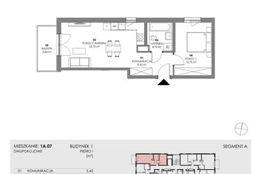 Rzut - Mieszkanie na sprzedaż 2 pokoje o powierzchni 46,57 m² - numer 1A.07 w Akacjowa Wita