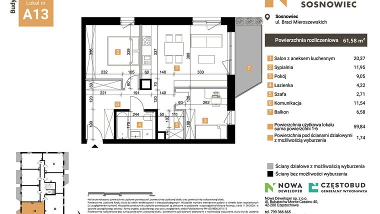 Rzut - Mieszkanie na sprzedaż 3 pokoje o powierzchni 61,58 m² - numer A13 w Nowy Sosnowiec
