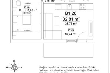Rzut - Mieszkanie na sprzedaż 2 pokoje o powierzchni 32,81 m² - numer B1.26 w Osiedle Versus