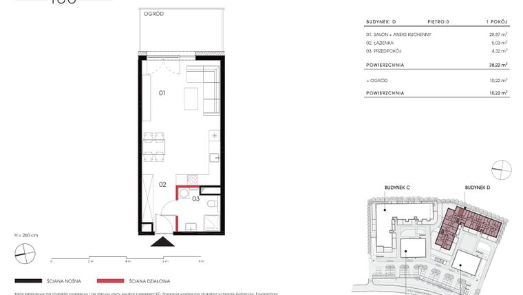 Rzut - Mieszkanie na sprzedaż 1 pokój o powierzchni 38,22 m² - numer D 0.08 w Naramowicka 100