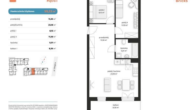 Rzut - Mieszkanie na sprzedaż 3 pokoje o powierzchni 59,23 m² - numer M II.1.1 w Glogera Bricks