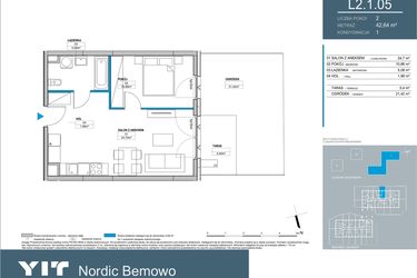 Rzut - Mieszkanie na sprzedaż 2 pokoje o powierzchni 42,64 m² - numer L2.1.05 w Nordic Bemowo - etap III