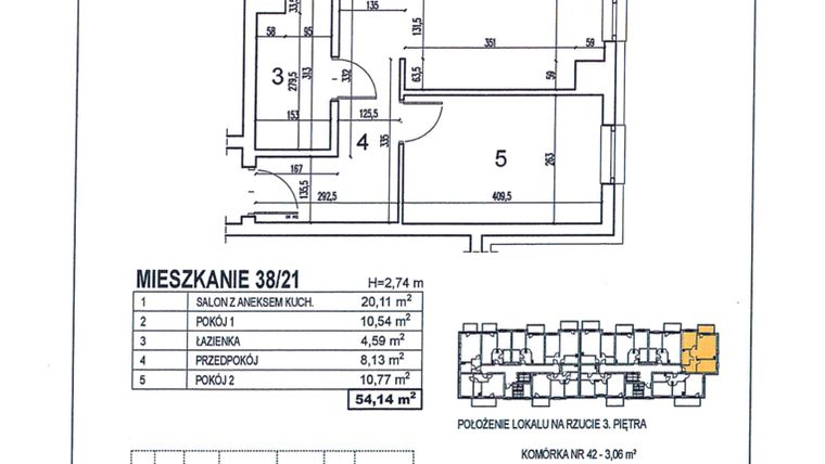 Rzut - Mieszkanie na sprzedaż 3 pokoje o powierzchni 54,14 m² - numer 38/21 w Osiedle Jodłowa bud. D