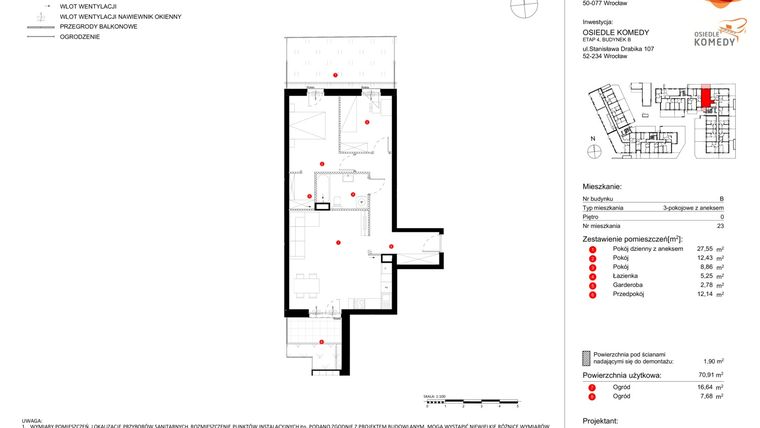 Rzut - Mieszkanie na sprzedaż 3 pokoje o powierzchni 70,91 m² - numer B.23 w Osiedle Komedy