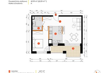 Rzut - Mieszkanie na sprzedaż 2 pokoje o powierzchni 49,99 m² - numer A.8.2 w Platanowy Park etap IV