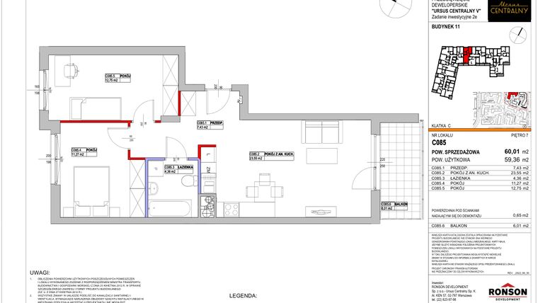 Rzut - Mieszkanie na sprzedaż 3 pokoje o powierzchni 59,87 m² - numer 11.C085 w Ursus Centralny etap V
