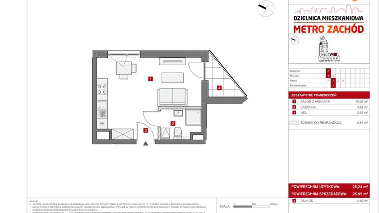 Rzut - Mieszkanie na sprzedaż 1 pokój o powierzchni 25,85 m² - numer A.1 w Dzielnica Mieszkaniowa Metro Zachód - etap 6