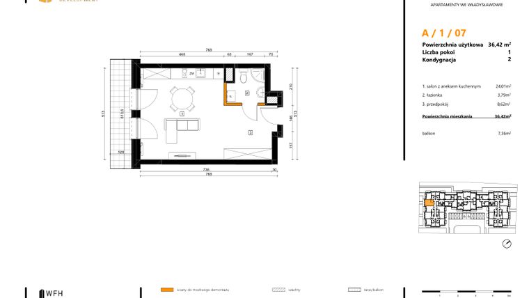 Rzut - Mieszkanie na sprzedaż 1 pokój o powierzchni 36,42 m² - numer A.1.07 w SPOT