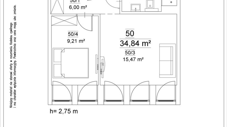 Rzut - Mieszkanie na sprzedaż 2 pokoje o powierzchni 34,84 m² - numer 50 w Osiedle Teatralne 19 - apartamenty inwestycyjne