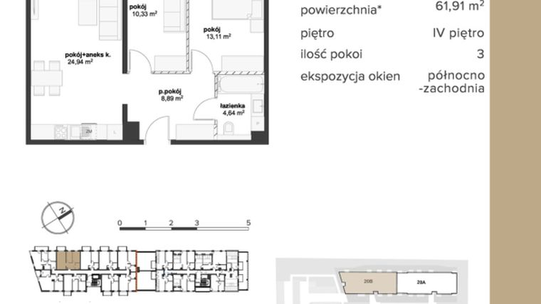 Rzut - Mieszkanie na sprzedaż 3 pokoje o powierzchni 61,91 m² - numer 20B/M36 w Javorova