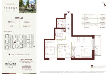 Rzut - Mieszkanie na sprzedaż 3 pokoje o powierzchni 60,92 m² - numer H.M.1.05 w Sereno Park
