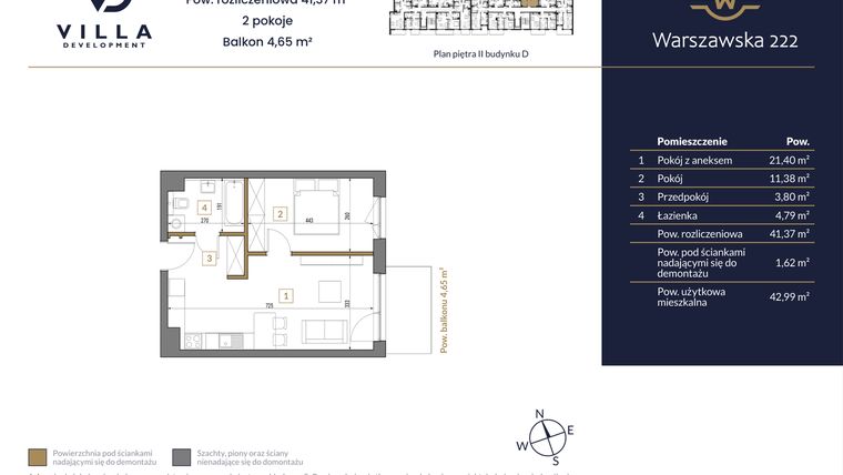 Rzut - Mieszkanie na sprzedaż 2 pokoje o powierzchni 41,37 m² - numer 21 w Warszawska 222 bud. D