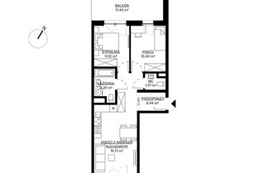 Rzut - Mieszkanie na sprzedaż 3 pokoje o powierzchni 54,78 m² - numer M84 w KWADRAT etap 2