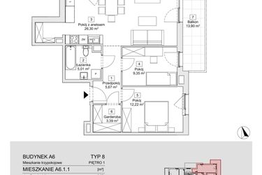 Rzut - Mieszkanie na sprzedaż 3 pokoje o powierzchni 61,94 m² - numer A6.1.1 w Zacisze Marcelin IIIa