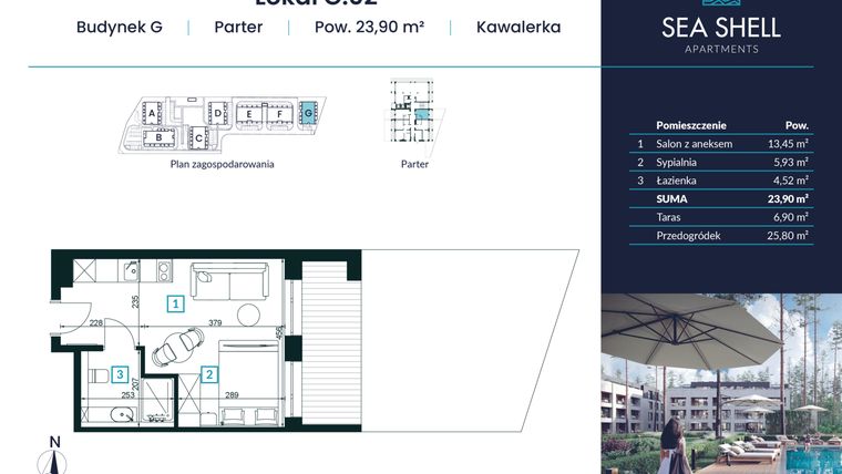 Rzut - Mieszkanie na sprzedaż 1 pokój o powierzchni 23,9 m² - numer G.02 w Magiczny Łukęcin