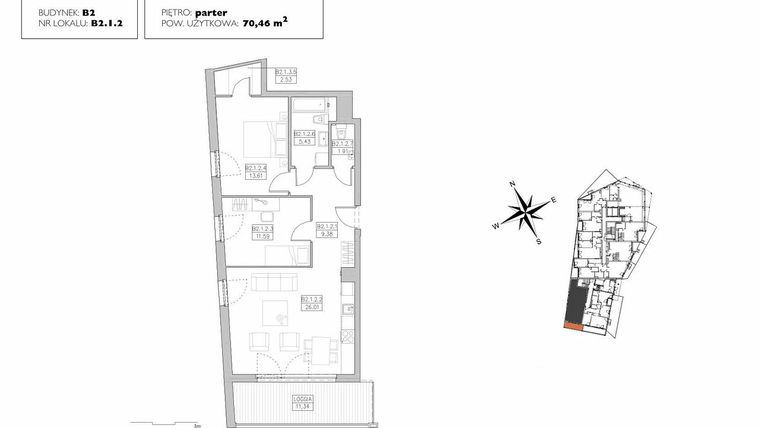 Rzut - Mieszkanie na sprzedaż 3 pokoje o powierzchni 70,46 m² - numer B2.1.2 w Alvarium 2.0