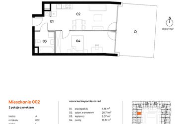 Rzut - Mieszkanie na sprzedaż 2 pokoje o powierzchni 46,31 m² - numer A002 w Miasto Polskich Mistrzów Olimpijskich