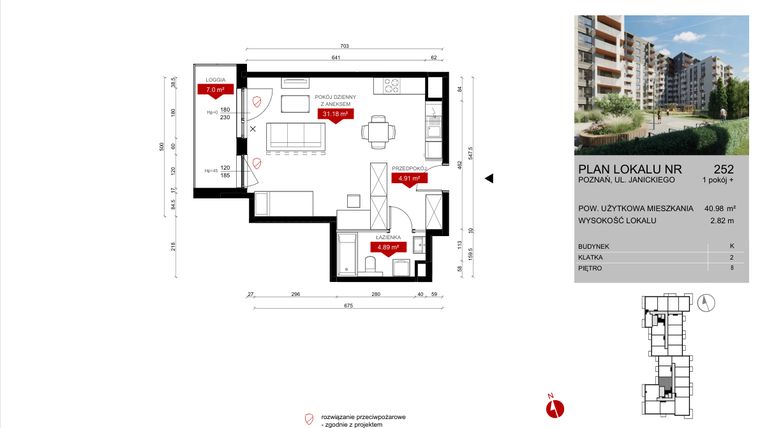 Rzut - Mieszkanie na sprzedaż 1 pokój o powierzchni 40,97 m² - numer K.252 w Wieża Jeżyce etap V