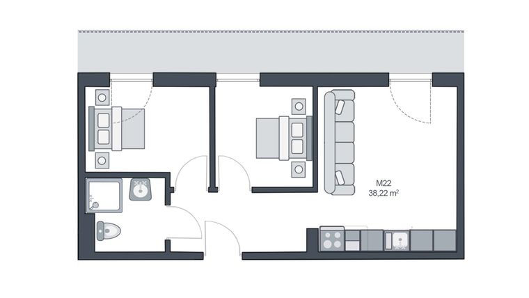 Rzut - Mieszkanie na sprzedaż 3 pokoje o powierzchni 38,22 m² - numer M22 w TARASY GĄSKI
