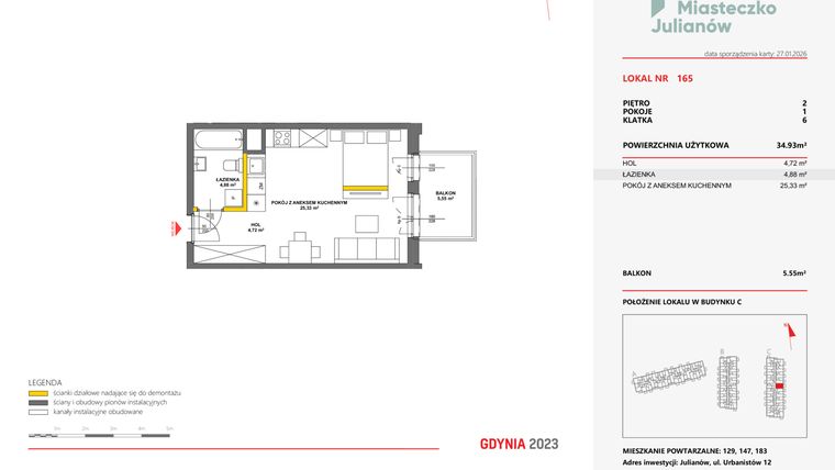 Rzut - Mieszkanie na sprzedaż 1 pokój o powierzchni 34,82 m² - numer 165 w Miasteczko Julianów