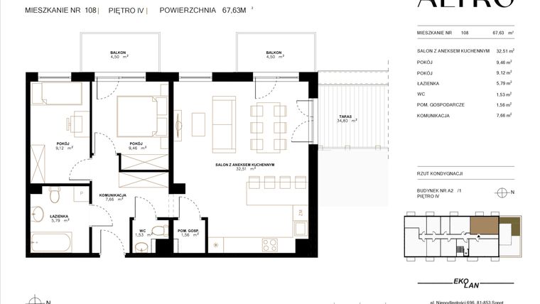 Rzut - Mieszkanie na sprzedaż 3 pokoje o powierzchni 67,98 m² - numer A2.1.108 w Altro A2/1