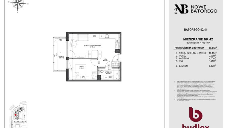 Rzut - Mieszkanie na sprzedaż 2 pokoje o powierzchni 37,94 m² - numer B42 w Nowe Batorego 2