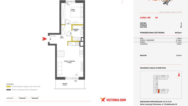 Rzut - Mieszkanie na sprzedaż 2 pokoje o powierzchni 44,93 m² - numer 69 w Metro Art 7