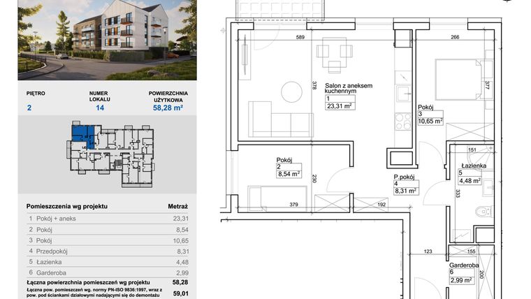 Rzut - Mieszkanie na sprzedaż 3 pokoje o powierzchni 58,66 m² - numer 14 w Balantia