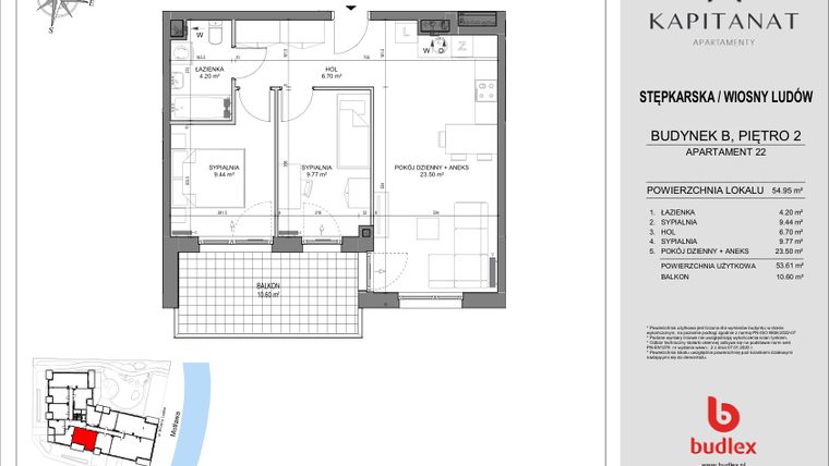 Rzut - Mieszkanie na sprzedaż 3 pokoje o powierzchni 54,95 m² - numer 22.B w Kapitanat Apartamenty