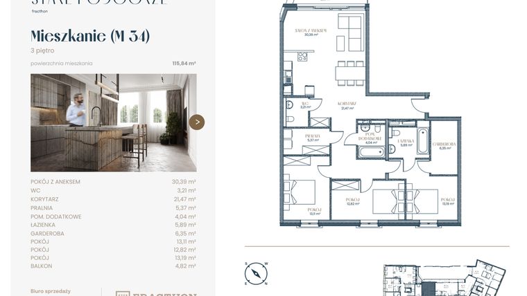 Rzut - Mieszkanie na sprzedaż 3 pokoje o powierzchni 115,95 m² - numer M.34 w Stare Podgórze