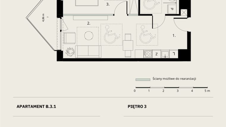 Rzut - Mieszkanie na sprzedaż 2 pokoje o powierzchni 46,12 m² - numer B/3/1 w Ogrodowa 12