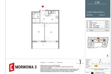 Rzut - Mieszkanie na sprzedaż 2 pokoje o powierzchni 39,39 m² - numer 39 w Morwowa 3 - Apartamenty Inwestycyjne