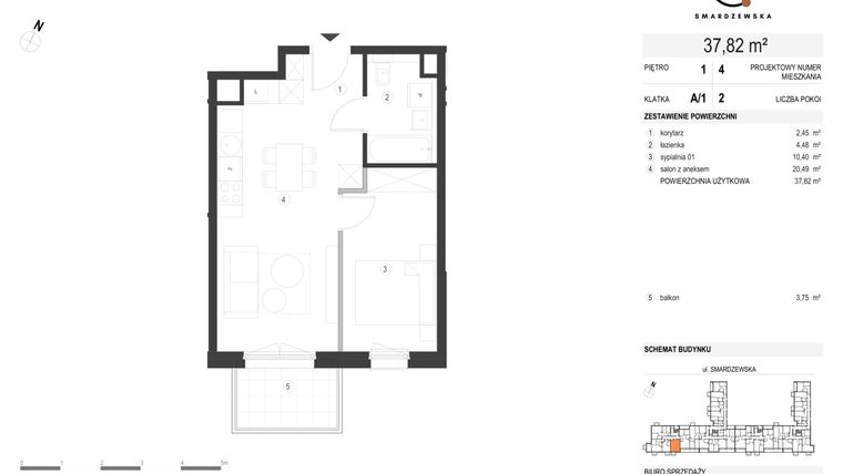 Rzut - Mieszkanie na sprzedaż 2 pokoje o powierzchni 37,82 m² - numer A/1/1.4 w Smardzewska 8