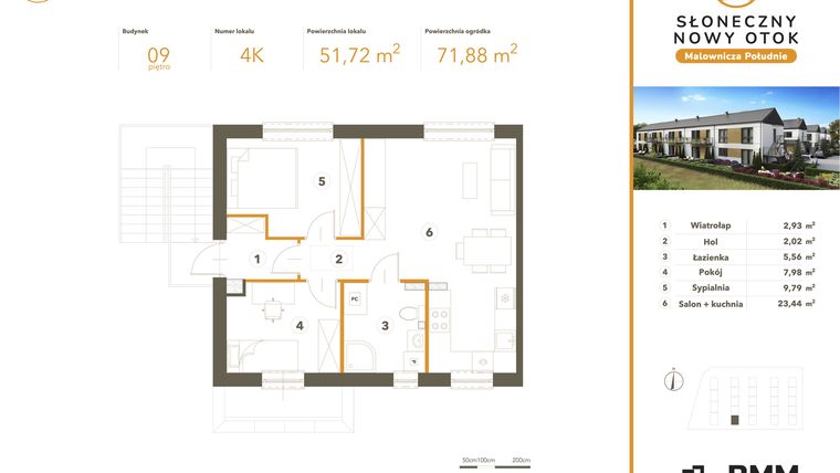 Rzut - Mieszkanie na sprzedaż 3 pokoje o powierzchni 51,72 m² - numer 4K w Słoneczny Nowy Otok - Malownicza Południe etap II