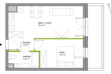 Rzut - Mieszkanie na sprzedaż 2 pokoje o powierzchni 38,59 m² - numer B.03.01.06 w WUWA Vita