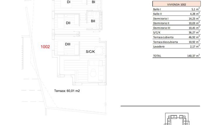 Rzut - Mieszkanie na sprzedaż 3 pokoje o powierzchni 140,37 m² - numer 1002 w Apartamenty w San Miguel de Salinas - 97009342
