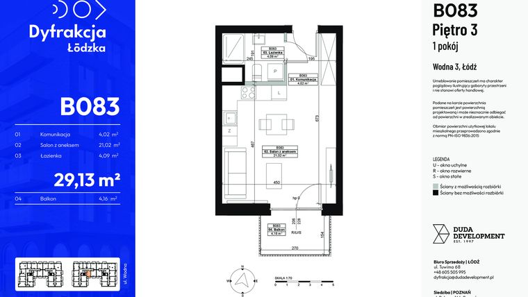 Rzut - Mieszkanie na sprzedaż 1 pokój o powierzchni 29,13 m² - numer B083 w Dyfrakcja Łódzka