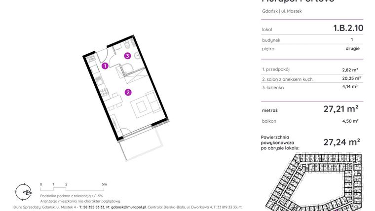 Rzut - Mieszkanie na sprzedaż 1 pokój o powierzchni 27,24 m² - numer 1.B.2.10 w Murapol Portovo etap II