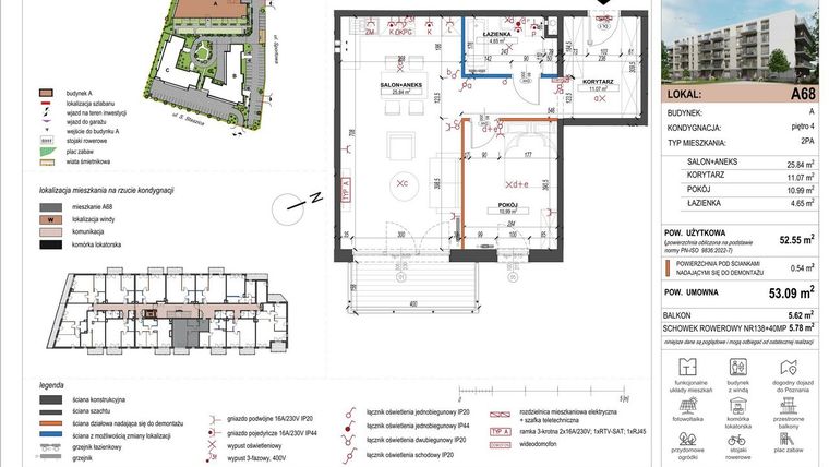 Rzut - Mieszkanie na sprzedaż 2 pokoje o powierzchni 52,55 m² - numer A68 w ulica Staszica bud. A